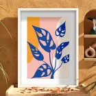 Mavi Yapraklı Soyut Kompozisyon Beyaz Ahşap Çerçeveli Tablo Dekoratif Obje Ev Aksesuarları Modern