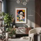 Canlı Çiçekli Kadın Portresi Doğal Ahşap Çerçeveli Tablo Bohem Odası Duvar Dekoru Poster