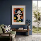 Canlı Çiçekli Kadın Portresi Doğal Ahşap Çerçeveli Tablo Bohem Odası Duvar Dekoru Poster