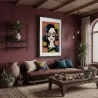 Canlı Çiçekli Kadın Portresi Siyah Ahşap Çerçeveli Tablo Bohem Ev Aksesuarları Modern Sanat