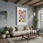 Canlı Soyut Çiçekler Beyaz Ahşap Çerçeveli Tablo Bohem Salon Oturma Odası Duvar Dekoru
