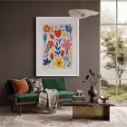 Canlı Soyut Çiçekler Beyaz Ahşap Çerçeveli Tablo Bohem Salon Oturma Odası Duvar Dekoru