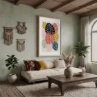 Renkli Soyut Monstera Doğal Ahşap Çerçeveli Tablo Sanat İç Mekan Yatak Koridor Ofis