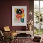 Renkli Soyut Monstera Doğal Ahşap Çerçeveli Tablo Sanat İç Mekan Yatak Koridor Ofis