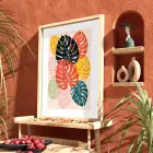 Renkli Soyut Monstera Doğal Ahşap Çerçeveli Tablo Sanat İç Mekan Yatak Koridor Ofis