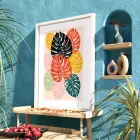 Renkli Soyut Monstera Beyaz Ahşap Çerçeveli Tablo Dekoru Poster Obje Ev Aksesuarları Modern