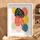 Renkli Soyut Monstera Beyaz Ahşap Çerçeveli Tablo Dekoru Poster Obje Ev Aksesuarları Modern