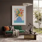 Pastel Vazo Çiçek Tablosu Doğal Ahşap Çerçeveli Bohem Salon Oturma Odası Duvar Dekoru