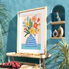 Pastel Vazo Çiçek Tablosu Doğal Ahşap Çerçeveli Bohem Salon Oturma Odası Duvar Dekoru