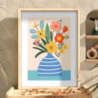 Pastel Vazo Çiçek Tablosu Doğal Ahşap Çerçeveli Bohem Salon Oturma Odası Duvar Dekoru