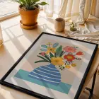 Pastel Vazo Çiçek Tablosu Siyah Ahşap Çerçeveli Bohem Dekoru Poster Obje Ev Aksesuarları