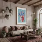 Mavi Zeminli Modern Vazo Doğal Ahşap Çerçeveli Tablo Kanvas Görünümlü Salon Oturma Odası