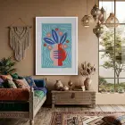 Mavi Zeminli Modern Vazo Beyaz Ahşap Çerçeveli Tablo Oturma Odası Duvar Dekoru Poster
