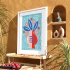 Mavi Zeminli Modern Vazo Beyaz Ahşap Çerçeveli Tablo Oturma Odası Duvar Dekoru Poster