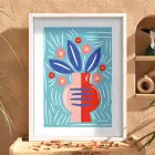 Mavi Zeminli Modern Vazo Beyaz Ahşap Çerçeveli Tablo Oturma Odası Duvar Dekoru Poster