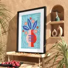 Mavi Zeminli Modern Vazo Siyah Ahşap Çerçeveli Tablo Aksesuarları Sanat İç Mekan Yatak