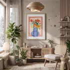 Mavi Vazoda Canlı Çiçekler Doğal Ahşap Çerçeveli Tablo Bohem Odası Duvar Dekoru Poster