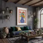 Mavi Vazoda Canlı Çiçekler Doğal Ahşap Çerçeveli Tablo Bohem Odası Duvar Dekoru Poster