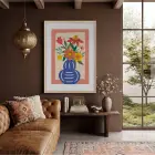 Mavi Vazoda Canlı Çiçekler Doğal Ahşap Çerçeveli Tablo Bohem Odası Duvar Dekoru Poster
