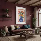Mavi Vazoda Canlı Çiçekler Beyaz Ahşap Çerçeveli Tablo Bohem Dekoru Poster Obje Ev