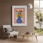 Mavi Vazoda Canlı Çiçekler Beyaz Ahşap Çerçeveli Tablo Bohem Dekoru Poster Obje Ev