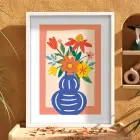 Mavi Vazoda Canlı Çiçekler Beyaz Ahşap Çerçeveli Tablo Bohem Dekoru Poster Obje Ev
