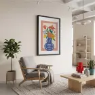 Mavi Vazoda Canlı Çiçekler Siyah Ahşap Çerçeveli Tablo Bohem Dekoratif Obje Ev Aksesuarları