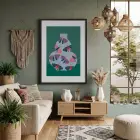 Petrol Kelebek Vazo Siyah Ahşap Çerçeveli Tablo Oturma Odası Duvar Dekoru Poster Obje