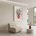 Canlı Vazo Çiçekleri Beyaz Ahşap Çerçeveli Tablo Bohem Duvar Dekoru Poster Obje Ev