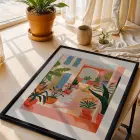 Saksılı Akdeniz Avlusu Siyah Ahşap Çerçeveli Tablo Modern Sanat İç Mekan Yatak Koridor