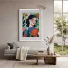 Tropik Çiçekli Kadın Portre Beyaz Ahşap Çerçeveli Tablo Bohem Duvar Dekoru Poster Obje