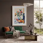 Soyut Çiçekli Natürmort Doğal Ahşap Çerçeveli Tablo Bohem Modern Sanat İç Mekan Yatak