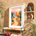 Kaktüslü Çöl Evi Doğal Ahşap Çerçeveli Tablo Salon Oturma Odası Duvar Dekoru Poster