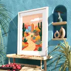 Kaktüslü Çöl Evi Beyaz Ahşap Çerçeveli Tablo Obje Ev Aksesuarları Modern Sanat İç