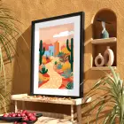 Kaktüslü Çöl Evi Siyah Ahşap Çerçeveli Tablo Poster Dekoratif Obje Ev Aksesuarları Modern