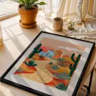 Kaktüslü Çöl Evi Siyah Ahşap Çerçeveli Tablo Poster Dekoratif Obje Ev Aksesuarları Modern