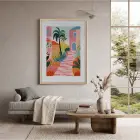 Renkli Akdeniz Kasabası Doğal Ahşap Çerçeveli Tablo Ev Aksesuarları Modern Sanat İç Mekan