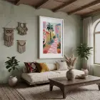 Renkli Akdeniz Kasabası Beyaz Ahşap Çerçeveli Tablo Ev Aksesuarları Modern Sanat İç Mekan