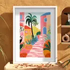 Renkli Akdeniz Kasabası Beyaz Ahşap Çerçeveli Tablo Ev Aksesuarları Modern Sanat İç Mekan