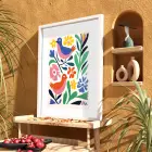 Renkli Kuşlu Bahar Çiçekleri Beyaz Ahşap Çerçeveli Tablo Bohem Odası Duvar Dekoru Poster