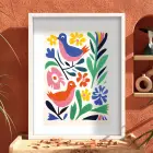 Renkli Kuşlu Bahar Çiçekleri Beyaz Ahşap Çerçeveli Tablo Bohem Odası Duvar Dekoru Poster