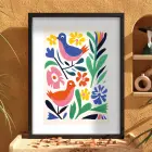 Renkli Kuşlu Bahar Çiçekleri Siyah Ahşap Çerçeveli Tablo Bohem Duvar Dekoru Poster Obje