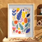 Neşeli Botanik Desenler Doğal Ahşap Çerçeveli Tablo Bohem Mekan Yatak Koridor Ofis Kanvas