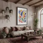 Neşeli Botanik Desenler Siyah Ahşap Çerçeveli Tablo Bohem Mekan Yatak Koridor Ofis Kanvas