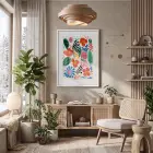 Canlı Soyut Çiçek Bahçesi Beyaz Ahşap Çerçeveli Tablo Bohem Modern Sanat İç Mekan