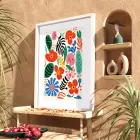Canlı Soyut Çiçek Bahçesi Beyaz Ahşap Çerçeveli Tablo Bohem Modern Sanat İç Mekan