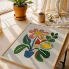 Pastel Soyut Çiçek Demeti Doğal Ahşap Çerçeveli Tablo Bohem Dekoratif Obje Ev Aksesuarları