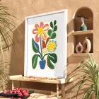 Pastel Soyut Çiçek Demeti Beyaz Ahşap Çerçeveli Tablo Bohem Dekorasyonu Poster Obje Ev
