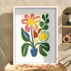 Pastel Soyut Çiçek Demeti Beyaz Ahşap Çerçeveli Tablo Bohem Dekorasyonu Poster Obje Ev