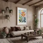 Canlı Soyut Çiçek Doğal Ahşap Çerçeveli Tablo Bohem Görünümlü Salon Oturma Odası Duvar